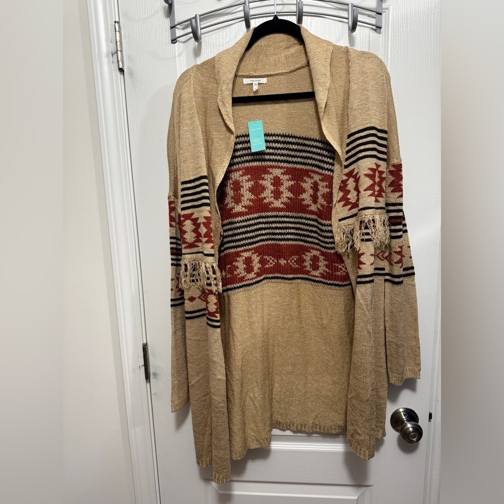 Maurices Duster Cardigan Women’s M Geo Southwestern Aztec Fringe Open Front Boho